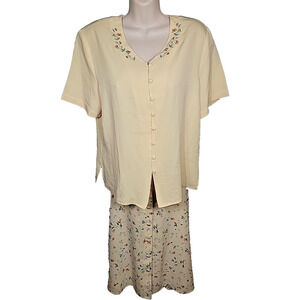 Vintage The Villager Set Yellow Floral Embroidered Top & Skirt Size 14 P
